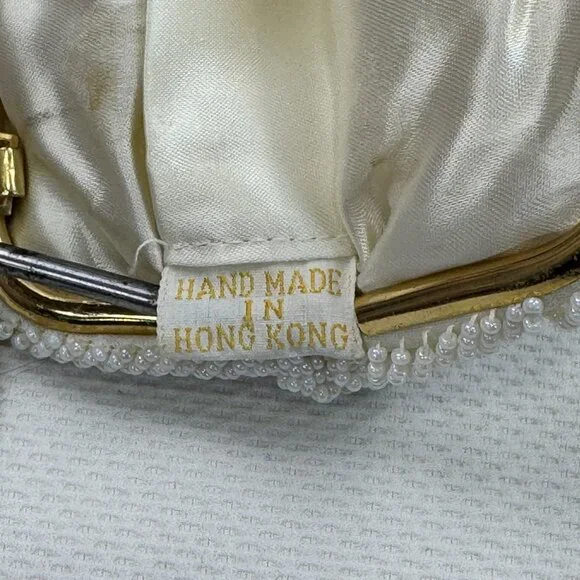 Vintage Womens White Beaded Geometric Floral Evening Bag Small Clutch Purse HK - Picture 7 of 12